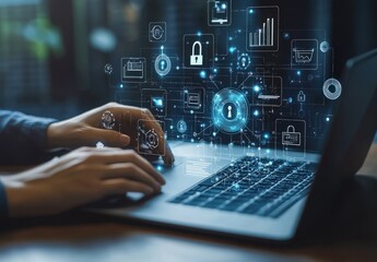 Hands Typing on Laptop with Digital Security Icons and Technology Graphics Representing Cybersecurity and Data Protection Concepts