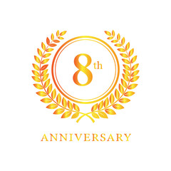Golden laurel wreath with number 8 and anniversary text isolated on white background