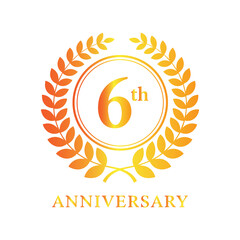 Golden laurel wreath celebrating 6th anniversary with gradient colors isolated on white background
