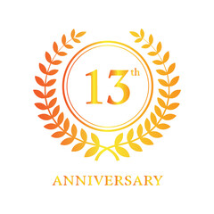 Golden laurel wreath celebrating thirteenth anniversary isolated on white background