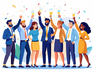 Diverse Business Team Celebrating Success with Champagne and Confetti in a Bright Office Setting Full of Excitement and Teamwork