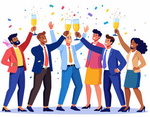 Diverse Business Team Celebrating Success with Champagne Toast and Confetti in Festive Corporate Event on White Background