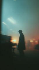 Fototapeta premium silhouette figure standing alone foggy urban night scene with moody atmospheric lighting