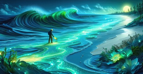 Surfer stands near luminous waves. Night scene features glowing plants, distant forest, moonlit sky. Peaceful, surreal landscape.