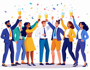 Diverse Cheerful Business Team Celebrating with Champagne and Confetti in a Vector Illustration