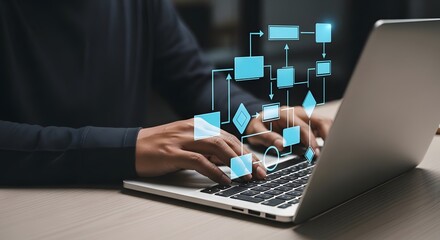 Workflow diagram displayed over a laptop screen showing hands typing represents process management and business automation.