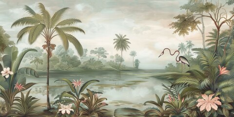Wallpaper serene tropical landscape painting in pastel tones	

