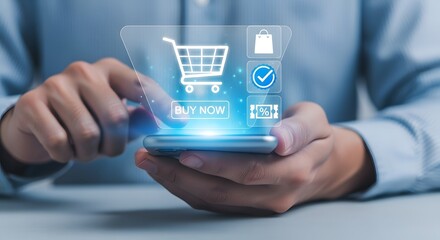 Person interacts with an online shopping app on a smartphone, showing the cart, shopping bag, confirmation, and discount offer icons.