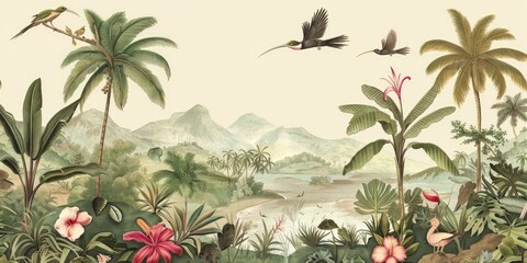 Wallpaper serene tropical landscape painting in pastel tones	
