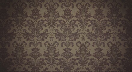 Ornate damask wallpaper with faded brown and burgundy floral pattern
