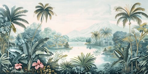 Wallpaper serene tropical landscape painting in pastel tones	
