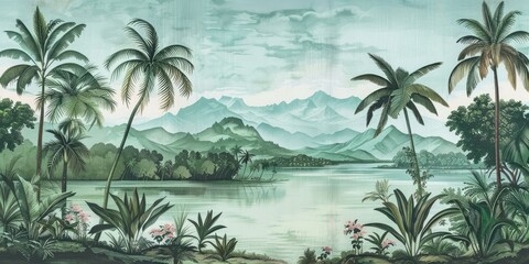 Wallpaper serene tropical landscape painting in pastel tones	
