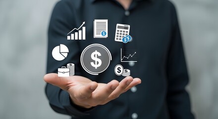 Financial growth concept with a business hand showing investment strategies and data analysis for financial planning and economic development.
