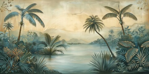 Wallpaper serene tropical landscape painting in pastel tones	
