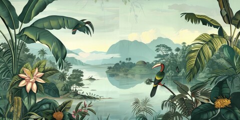 Wallpaper serene tropical landscape painting in pastel tones	
