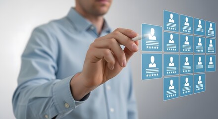 Businessman interacts with candidate profiles in a virtual job recruitment process, evaluating job applications using modern technology.