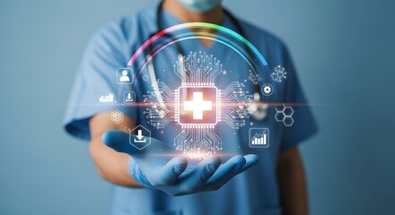 Doctor presenting digital healthcare innovation and medical technology with a glowing plus sign, offering modern solutions