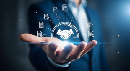 Man holding digital partnership icon with contract documents, showcasing business collaboration and successful agreements for corporate growth.
