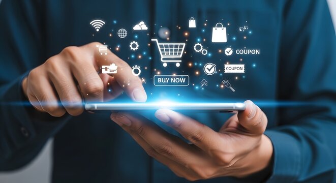 Connecting digitally for online shopping with a smart phone, browsing deals, making purchases and managing finances anytime, anywhere.