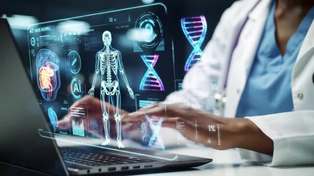 Doctor Using AI to Analyze Human Body Data on Laptop - Futuristic Healthcare - Powered by Adobe