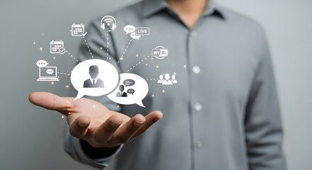 Businessman displaying virtual communication and digital connection through icons for collaboration and remote work, emphasizing modern technology and networking.