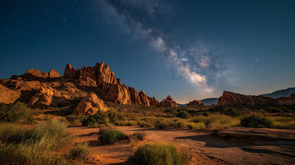 Obraz premium Desert Nightscape: Behold the tranquil beauty of the desert landscape at night, illuminated by the starlit expanse of the Milky Way, showcasing the breathtaking beauty.