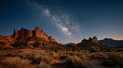 Fototapeta premium Desert under the Stars: A mesmerizing nightscape showcases towering rock formations silhouetted against a stunning canvas of the Milky Way, the landscape bathed in ethereal starlight.