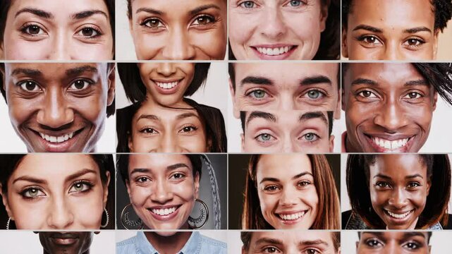 Collage of Eyes Beautiful People of Different Ages and Multiethnic Close-up. Montage of Positive Humans Looking at Camera