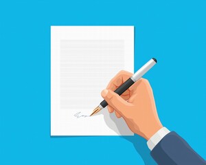 Cartoon Hand Signing Contract Document Flat Vector Icon, Pen on Navy Blue Background, Minimalist Business Concept for Web and Print Templates