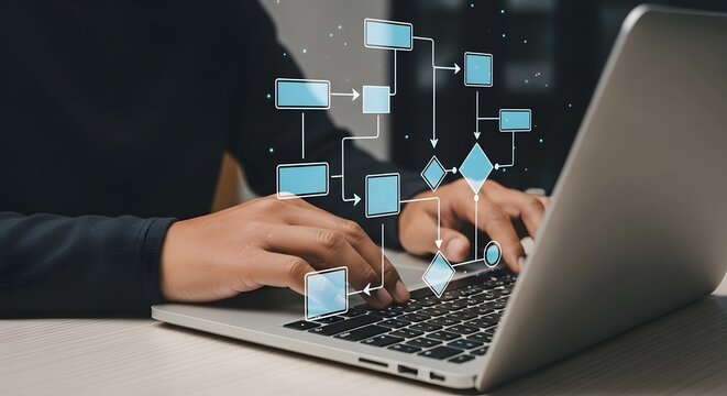 Person coding a workflow diagram using a laptop for business strategy, data flow, programming and information analysis - Powered by Adobe