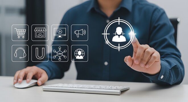 Businessman is interacting with virtual screens displaying digital marketing and shopping icons for a personalized customer experience.