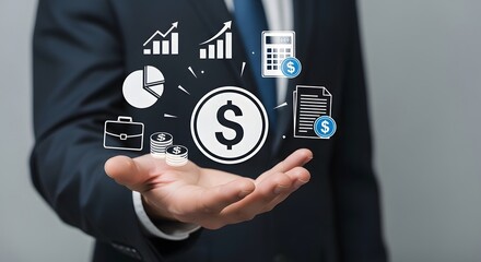 A businessman holds financial icons floating above his hand suggesting growth and investment strategy for business success