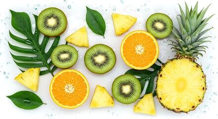 Fresh Tropical Fruits and Leaves Composition on White Background variation 3