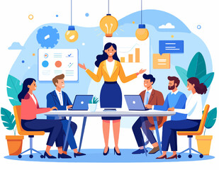 Diverse Team in Business Meeting with Yellow Accents and Data Charts Under Decorative Blue and White Backdrop