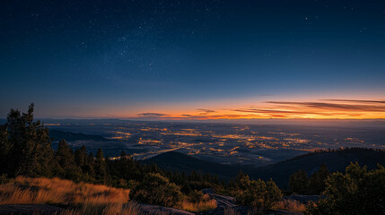 Nightfall Vista: A serene dusk view unfolds, blending the twilight sky with a sprawling landscape. Capturing the transition from day to night, illuminated by city lights