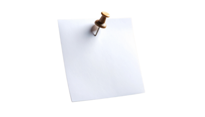 A sheet of paper is pinned with a pushpin isolated on transparent bg