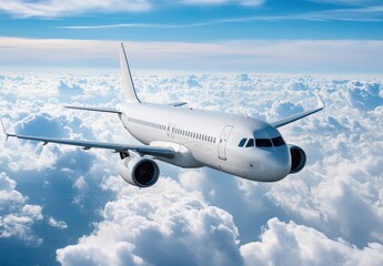 Obraz premium Aerial View of a Commercial Airplane Flying Above Fluffy White Clouds in a Bright Blue Sky