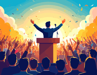 Energetic Pixel Art Illustration of Political Leader Addressing a Large Cheering Crowd Under Sky With Confetti