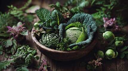 Assorted fresh green vegetables and herbs including lettuce, cabbage, spinach, and cucumbers on a rustic wooden table, concept of healthy eating