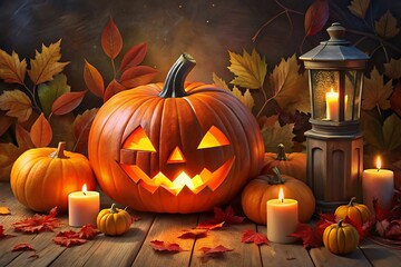 Jack o lantern illuminated by candles and lantern amidst autumn leaves on wooden surface