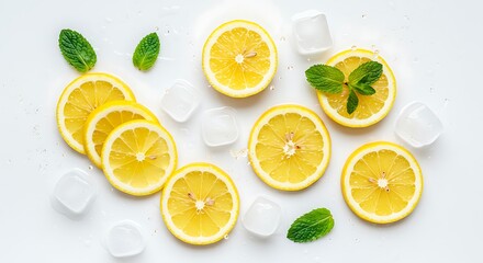Fresh Lemon Slices with Ice Cubes and Mint Leaves on White Background variation 2