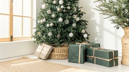 Gifts wrapped in natural cloth under the Christmas tree in a bright room