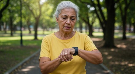 Elderly Latina woman with smart watch looking confused in sunny park with walking path behind