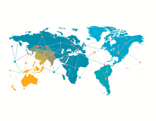 Global Connectivity Network on World Map With Teal Blue Continents and Orange Accents Depicting International Business Reach