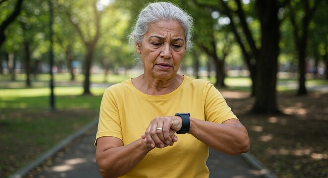 Elderly Latina woman with smart watch looking confused in sunny park with walking path behind