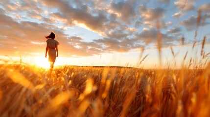 Woman Walking Through Wheat Field At Sunset With Golden Warm Lighting