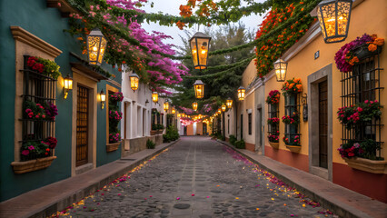 Fototapeta premium Colorful street with marigolds decorated for Dia de los Muertos