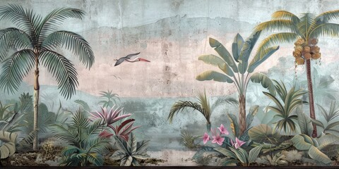 Wallpaper serene tropical landscape painting in pastel tones	
