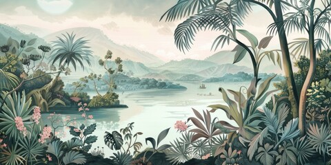 Wallpaper serene tropical landscape painting in pastel tones	

