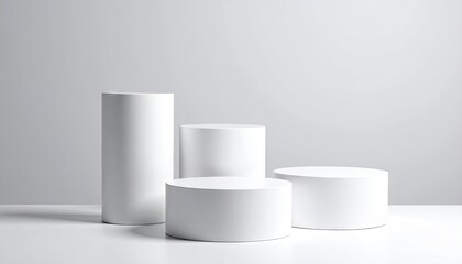 Simple white podiums against a plain backdrop
